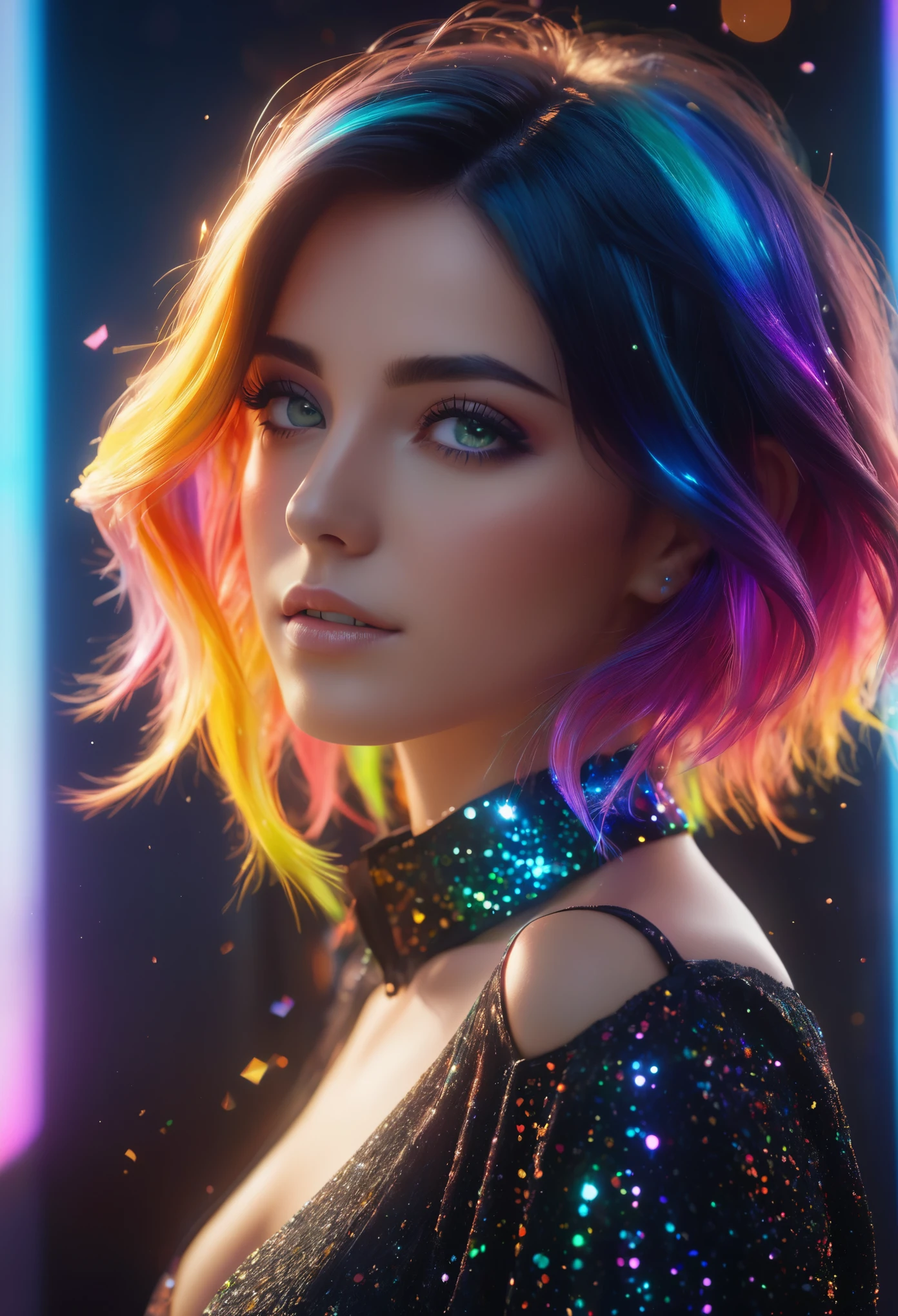 {{masterpiece}}, best quality, extremely detailed CG unity 8k wallpaper, cinematic lighting, lens flare, beautiful detail eyes, black,  side glance,  multicolor hair, colorful light, particles, heterochromia, (colorful:1.5), (colorful hair:1.5),