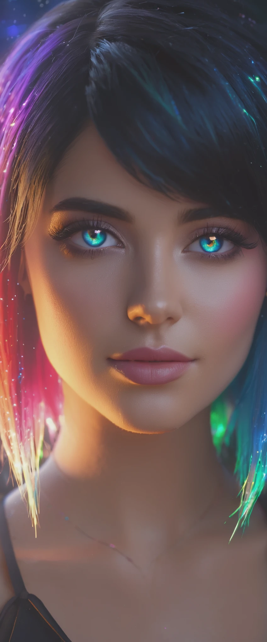 {{masterpiece}}, best quality, extremely detailed CG unity 8k wallpaper, cinematic lighting, lens flare, beautiful detail eyes, black,  side glance,  multicolor hair, colorful light, particles, heterochromia, (colorful:1.5), (colorful hair:1.5),