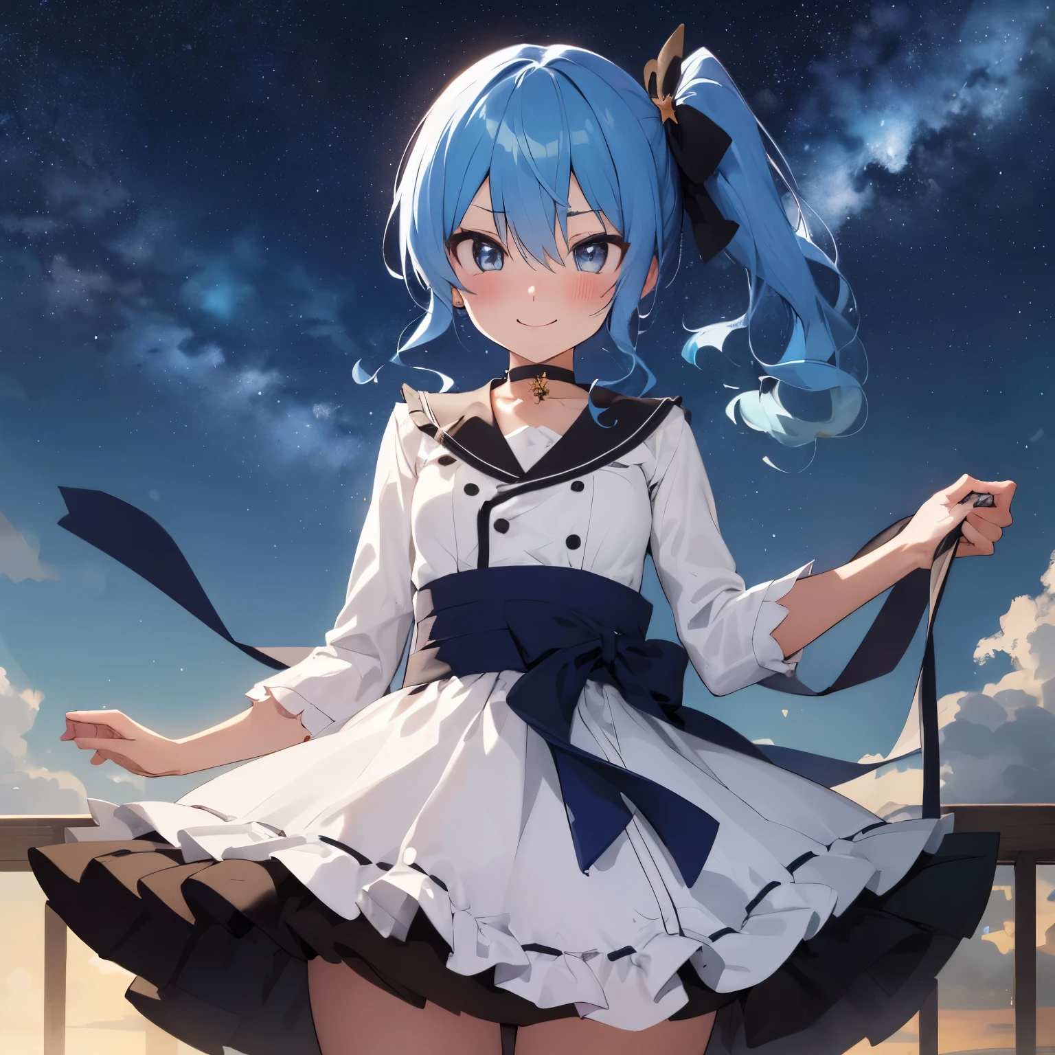 hoshimachi suisei,blue eyes,blue hair,choker,hair between eyes,medium hair,side ponytail,スターchoker, star piece:1.2), highest quality, High resolution,(thin and beautiful eyes:1.6),(perfect hands, perfect anatomy),(((masterpiece))),((highest quality)),shy smile,troubled face,blush,whole body,one piece,long skirt,thin waist,Starry sky full of stars