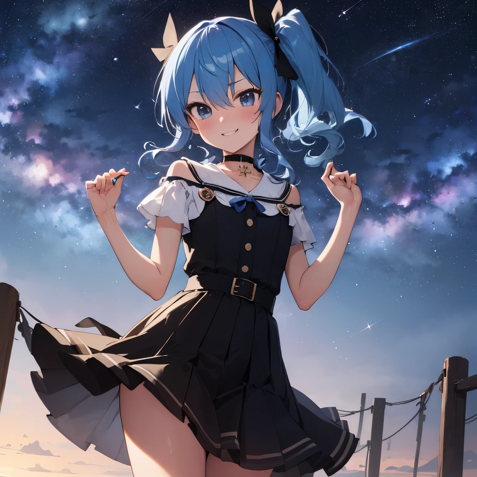 hoshimachi suisei,blue eyes,blue hair,choker,hair between eyes,medium hair,side ponytail,スターchoker, star piece:1.2), highest quality, High resolution,(thin and beautiful eyes:1.6),(perfect hands, perfect anatomy),(((masterpiece))),((highest quality)),shy smile,troubled face,blush,whole body,one piece,long skirt,thin waist,Starry sky full of stars