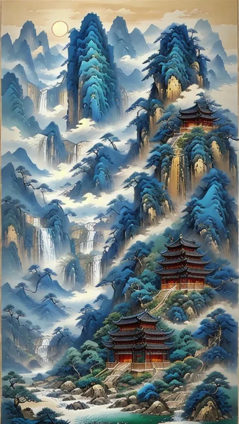 (masterpiece, best quality:1.2),a majestic landscape painting，meticulous，inspired by thousands of miles of rivers and mountains，...