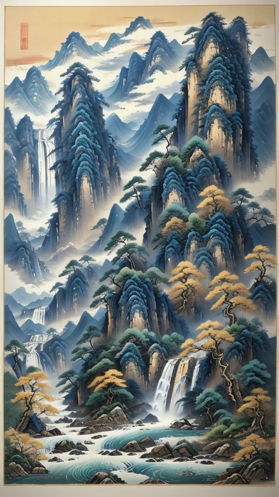 (masterpiece, best quality:1.2),A majestic landscape painting，Meticulous，Inspired by thousands of miles of rivers and mountains，Fuchun Mountain Residence Map，Expression techniques of cirrus clouds，flat illustration，traditional Chinese painting，Chinese landscape painting，ancient chinese architecture，cloud，vertical waterfall on cliff，Vibrant pine trees，fall，Takayama，Black：1.37，Mineral pigments，Ultramarine blue，Track gold，Clear outline，sketchy，Dry Lafa