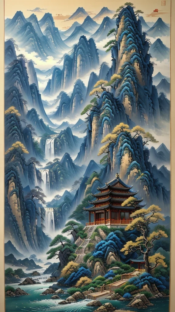 (masterpiece, best quality:1.2),A majestic landscape painting，Meticulous，Inspired by thousands of miles of rivers and mountains，Fuchun Mountain Residence Map，Expression techniques of cirrus clouds，flat illustration，traditional Chinese painting，Chinese landscape painting，ancient chinese architecture，cloud，vertical waterfall on cliff，Vibrant pine trees，fall，Takayama，Black：1.37，Mineral pigments，Ultramarine blue，Track gold，Clear outline，sketchy，Dry Lafa