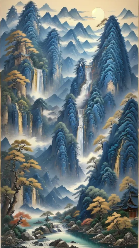 (masterpiece, best quality:1.2),a majestic landscape painting，meticulous，inspired by thousands of miles of rivers and mountains，...