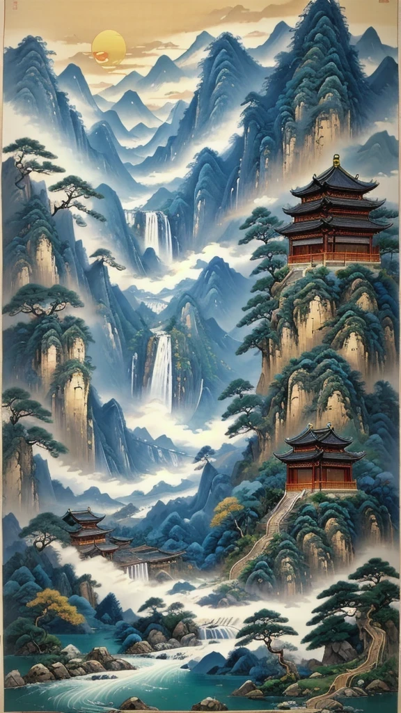 (masterpiece, best quality:1.2),A majestic landscape painting，Meticulous，Inspired by thousands of miles of rivers and mountains，Fuchun Mountain Residence Map，Expression techniques of cirrus clouds，flat illustration，traditional Chinese painting，Chinese landscape painting，ancient chinese architecture，cloud，vertical waterfall on cliff，Vibrant pine trees，fall，Takayama，Black：1.37，Mineral pigments，Ultramarine blue，Track gold，Clear outline，sketchy，Dry Lafa