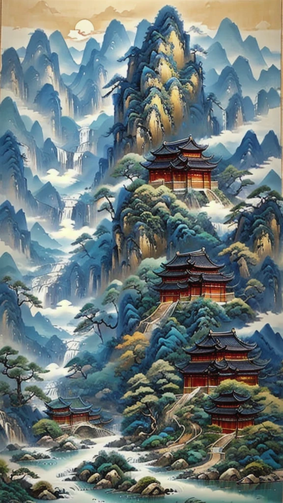 (masterpiece, best quality:1.2),A majestic landscape painting，Meticulous，Inspired by thousands of miles of rivers and mountains，Fuchun Mountain Residence Map，Expression techniques of cirrus clouds，flat illustration，traditional Chinese painting，Chinese landscape painting，ancient chinese architecture，cloud，vertical waterfall on cliff，Vibrant pine trees，fall，Takayama，Black：1.37，Mineral pigments，Ultramarine blue，Track gold，Clear outline，sketchy，Dry Lafa