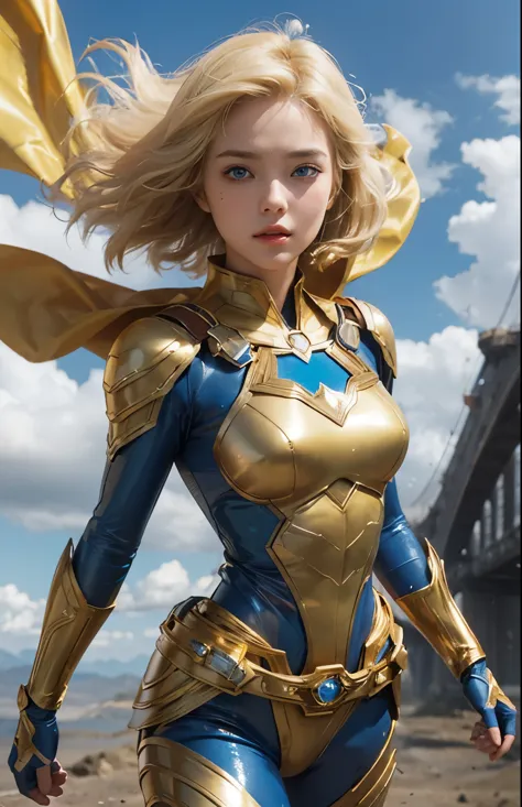 A blonde, blue-eyed woman is flying through the sky like Superman. The woman is wearing a golden metallic battle uniform. Around...
