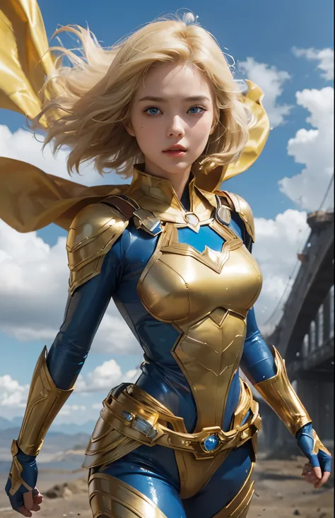 a blonde, blue-eyed woman is flying through the sky like superman. the woman is wearing a golden metallic battle uniform. around...