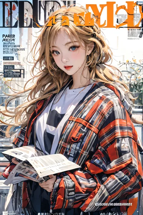 masterpiece, best quality, spring outfit, colorful hair, outdoor, magazine cover ,upper body, blonde hair color