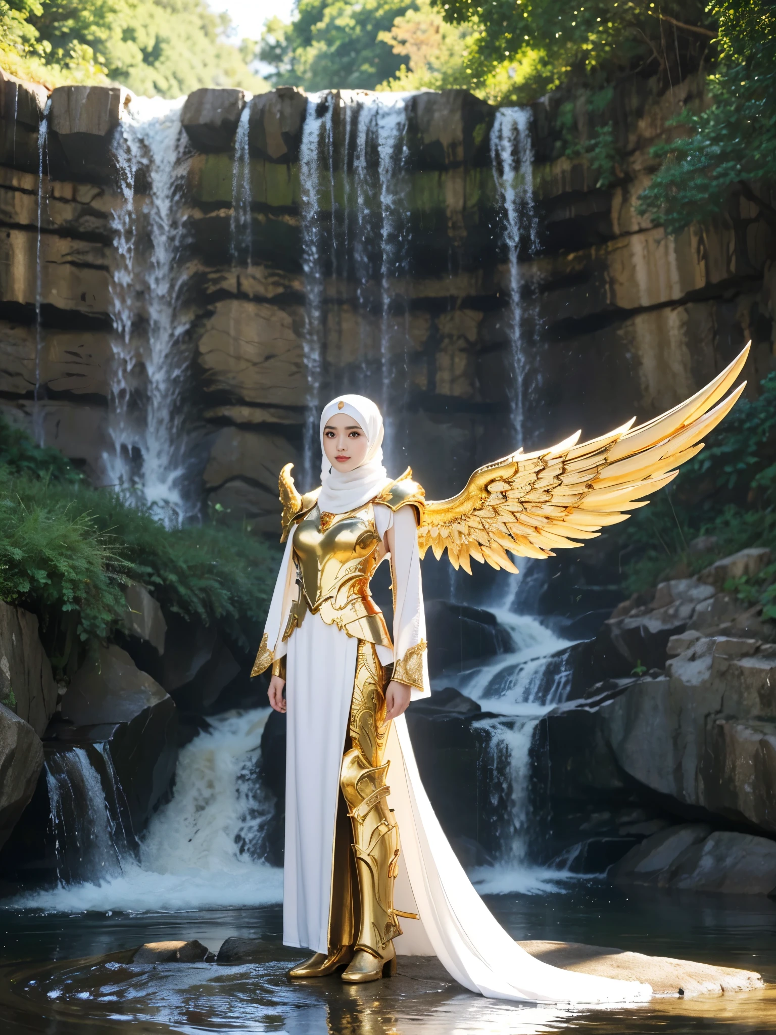 Portraits HD, 8k, jolies adolescentes chinoises vêtues de blanc et d&#39;or avec des ailes et une épée, (porter le hijab:1.2), (armure dorée entièrement en fer:1.2), cosplay ornéeur, comme une valkyrie mystique, le marin galaxie, Beau, Robes de prêtresse blanches et dorées, cosplay animéeur, cosplay glamoureur, avec des ailes dorées et ardentes, cosplayeur, cosplay professionneleur, Déesse de la Lumière, Zenra Taliyah, ange au corps entier, cosplayeurer, maquillage parfait, visage parfait, Beau face, Beau body,fond de cascade, smog, temps ensoleillé, éclairage, L&#39;atmosphère a l&#39;air réelle, Prise de vue de tout le corps exposé, ((prise de vue en angle frontal:1.0)), Cinématique, Ultra réaliste, professionnel, 