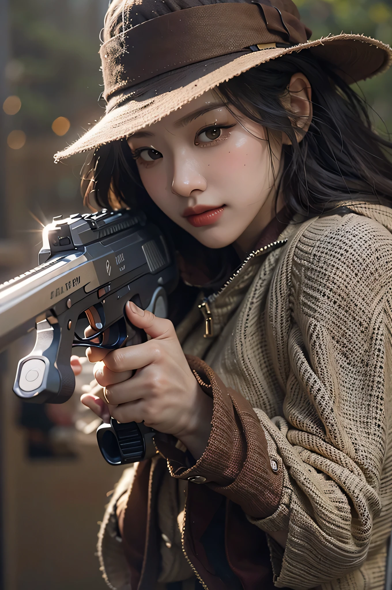 (highest image quality), (masterpiece), (vibrant, photography realistic, Realistic, Dramatic, Dark, Sharp focus, 8K), Close up Face, Highly detailed face and skin texture, in dessert, ethereal beauty, mature asian woman,black long hair, make up, sexy smile, nsfw ,Close up shot, ((backlight)), holding the gun, secret agent, dinamic pose, realistic, shooting pose, dust dessert