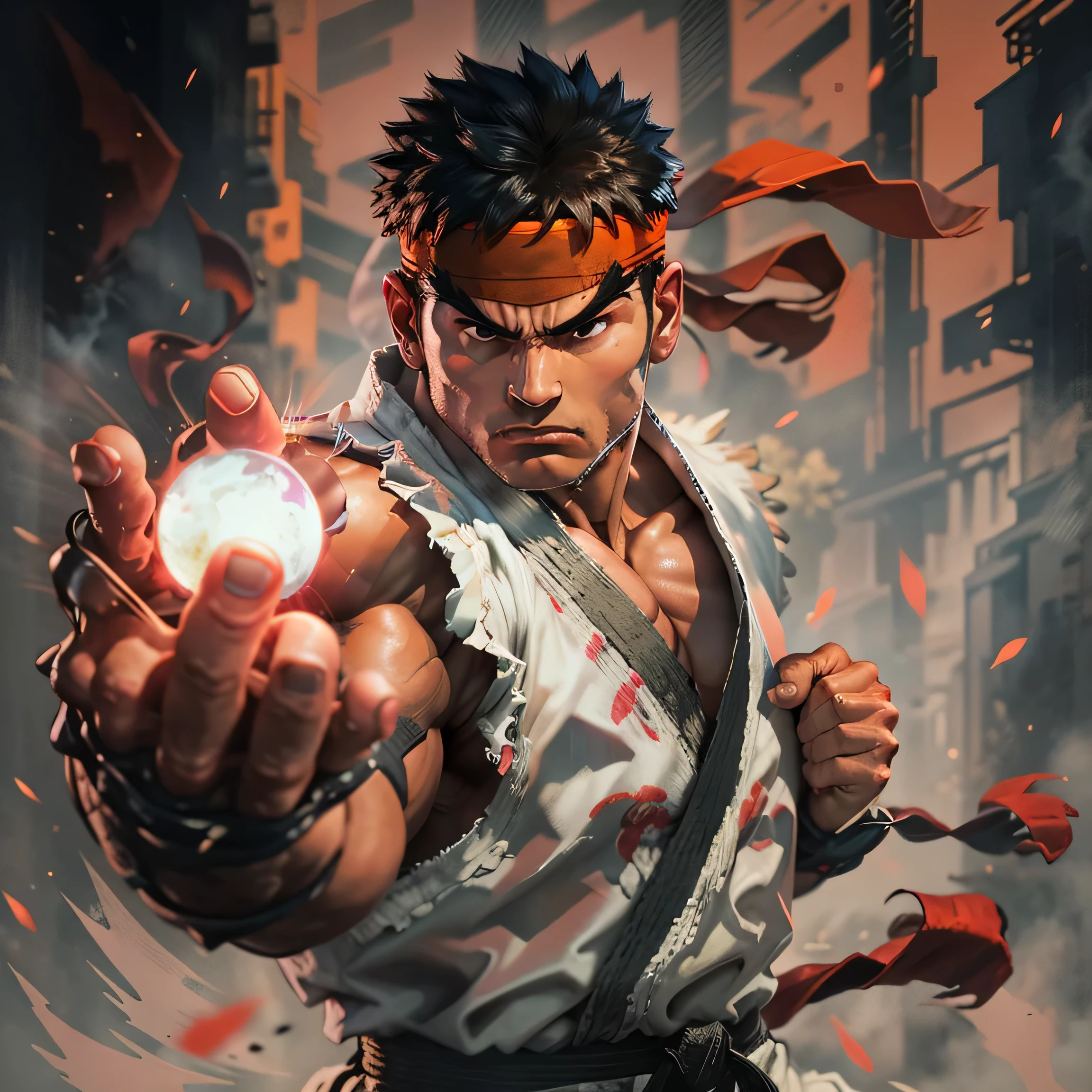 Film Noir Still of Ryu from Street Fighter 2: The World Warrior, clad in his iconic sleeveless white karate Gi and red headband, one arm extended forward with a glowing orb of energy hovers in his palm, radiating intense brilliance against the dimly lit backdrop. His other arm is tensed, pulled back as if readying the most potent of martial arts attacks. The crowd of onlookers, a mix of awe-stricken bystanders and fearful adversaries, huddle in the recesses of the dimly lit alleyway, their expressions etched in stark contrast to the rich color palette of Ryu's enig