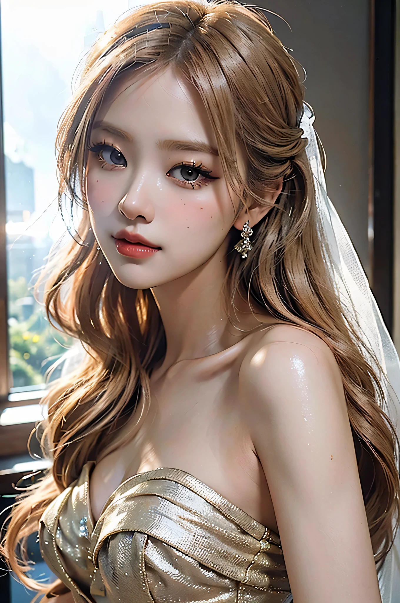 (highest image quality), (masterpiece), (vibrant, photography realistic, Realistic, Dramatic, Dark, Sharp focus, 8K), Highly detailed face and skin texture, sexy wedding dress, ethereal beauty, mature asian woman,blonde long hair, make up, sexy smile, nsfw ,Close up shot, ((backlight)), dinamic pose, masterpiece style