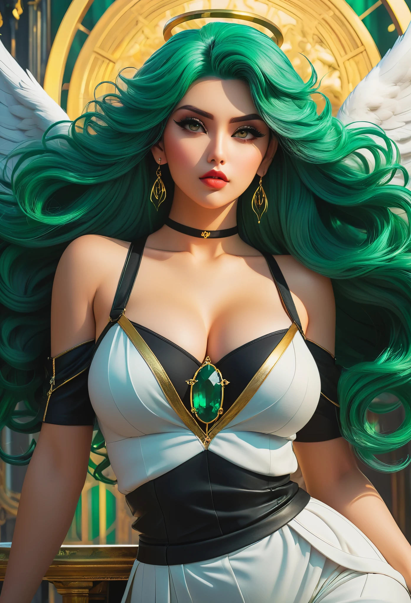 In a mesmerizingly portrayal, thick women busty, a glam-goth goddess angel her Age 28, clean skin,emerald hair, midriff, trending on cgsociety, epic, trending on artstation, highly detailed, vibrant, production cinematic character render, ultra-high-quality model, golden ratio manhwa, manhua, background mysterious, does not produce same pose when remixed.