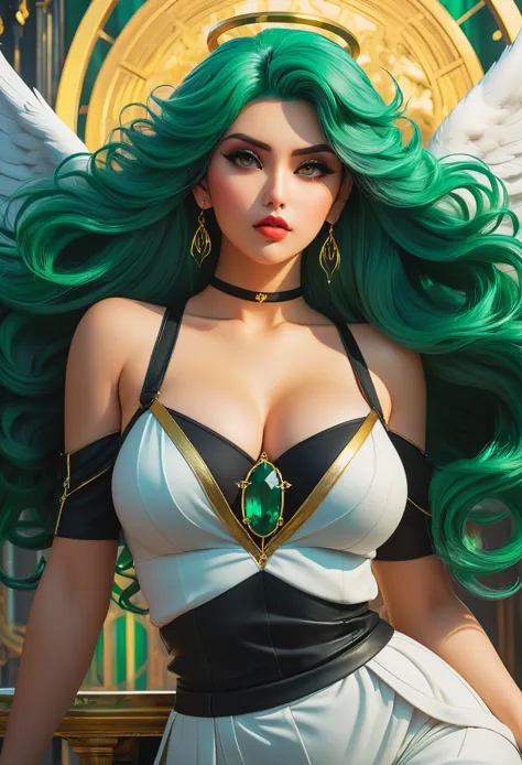 in a mesmerizingly portrayal, thick women busty, a glam-goth goddess angel her age 28, clean skin,emerald hair, midriff, trendin...