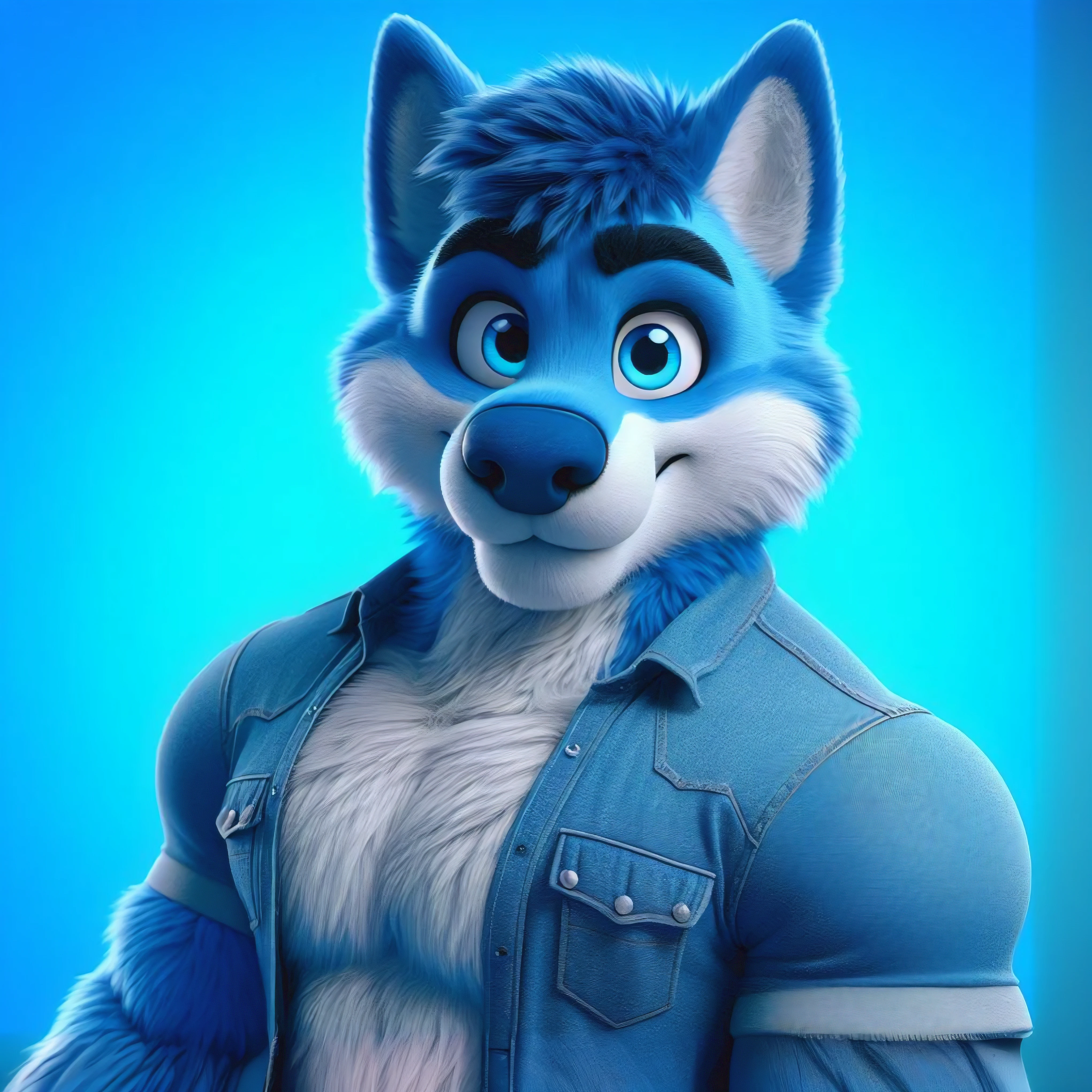 Make an image of a Disney Pixar style dibujos animados fantasy cute blue wolf,cuerpo completo masculino un fondo azul, chaqueta de mezclilla azul, estudio disney, grandes ojos azules, Hermosa imagen, dibujos animados, estilo 3D,
alto detalle. fondo azul musculoso, estudio disney, ultraresolución, 16k