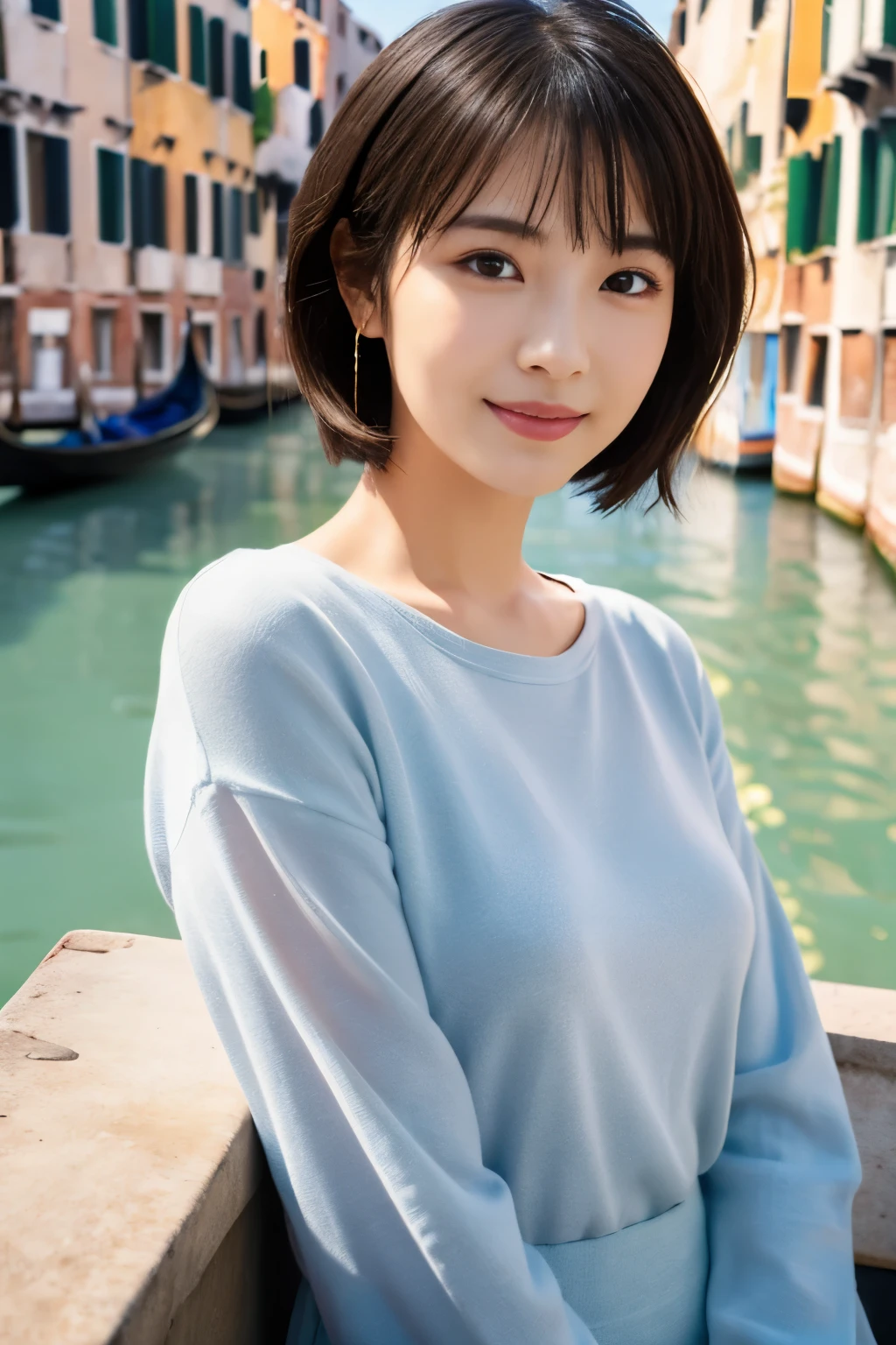 1 girl, (Spring-like outfit in light pastel colors.:1.2), beautiful japanese actress, (semi short hair:1.3), young face,
(RAW photo, highest quality), (realistic, Photoreal:1.4), masterpiece, 
very delicate and beautiful, very detailed, 2k wallpaper, wonderful, 
finely, very detailed CG Unity 8K 壁紙, Super detailed, High resolution, 
soft light, beautiful detailed girl, very detailed目と顔, beautifully detailed nose, beautiful and detailed eyes, cinematic lighting, 
break
(gondola ride in venice:1.3), 
perfect anatomy, slender body, smile, Face the front completely, looking at camera