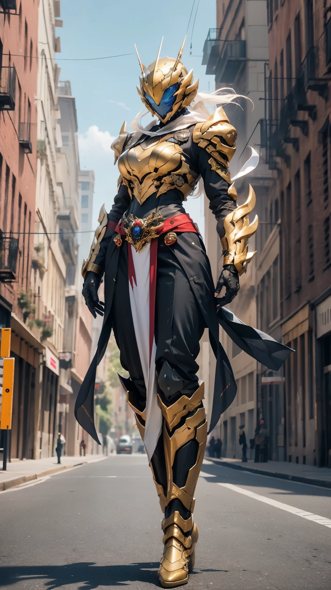 A woman adorned in fantasy-style full-body armor, a crown-concept fully enclosed helmet that unveils only her eyes, a composite layered chest plate, fully encompassing shoulder and hand guards, a lightweight waist armor, form-fitting shin guards, the overall design is heavy-duty yet flexible, ((the armor gleams with a golden glow, complemented by red and blue accents)), exhibiting a noble aura, she floats above a fantasy-surreal high-tech city, this character embodies a finely crafted fantasy-surreal style armored hero in anime style, exquisite and mature manga art style, (Queen bee mixed with Spider concept Armor), ((real woman, beautiful woman, photorealistic, elegant, goddess, femminine:1.5)), metallic, high definition, best quality, highres, ultra-detailed, ultra-fine painting, extremely delicate, professional, anatomically correct, symmetrical face, extremely detailed eyes and face, high quality eyes, creativity, RAW photo, UHD, 32k, Natural light, cinematic lighting, masterpiece-anatomy-perfect, masterpiece:1.5