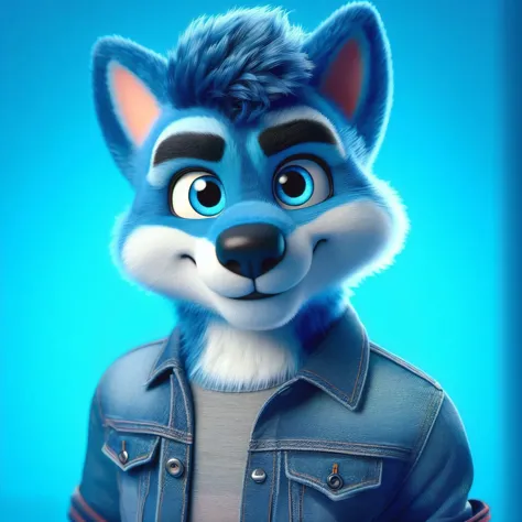 Make an image of a Disney Pixar style cartoon fantasy cute blue wolf, full body a blue background, blue denim jacket, Disney stu...