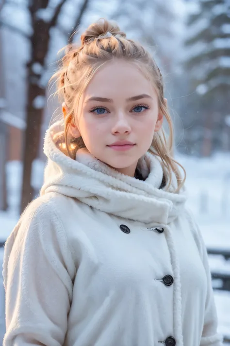 ((AlexiaThompson01R face)). 12-year-old AlexiaThompson01R's face emerges from the falling snow, her straight blonde hair capturi...
