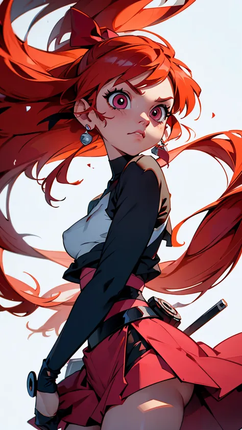 Blossom From Powerpuff Girls as a Violent Mature Themed Action Anime, Red Hair:1.2, Sexy Powerpuff Girls Anime, bloody battle damage and wear, ecchi Damaged and Ripped clothes, pink and black clothes, one nipple revealed through nsfw rips in clothes