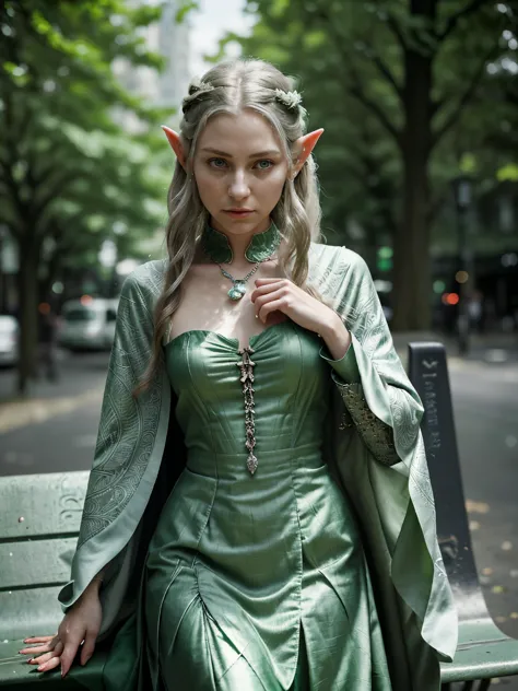 compose a scene where a realistic elf is waiting at the bus stop. describe her as she observes the movement around her, revealin...