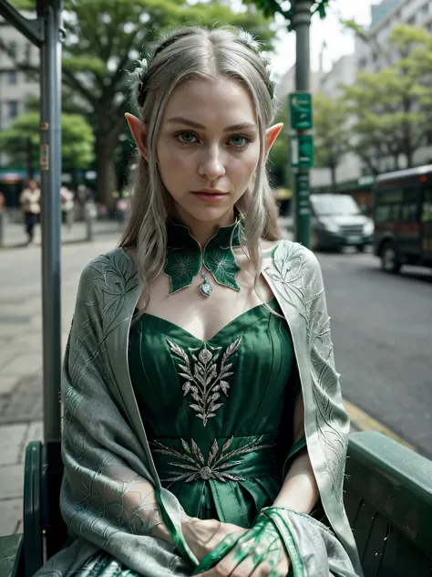 compose a scene where a realistic elf is waiting at the bus stop. describe her as she observes the movement around her, revealin...