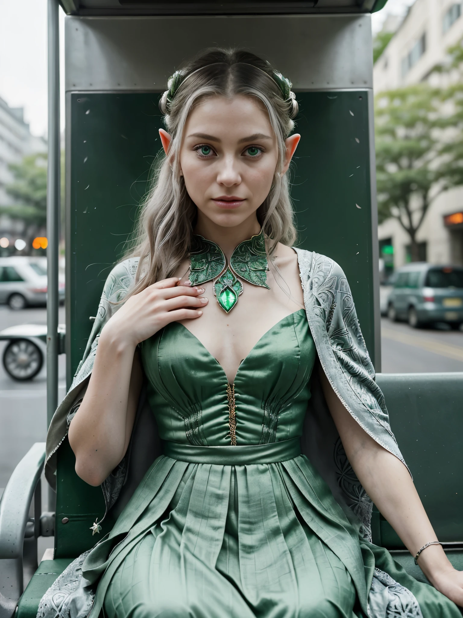 Compose a scene where a realistic elf is waiting at the bus stop. Describe her as she observes the movement around her, revealing details about her appearance, attire, and behavior. Consider how she interacts with other passengers, if there's anything peculiar about her presence, and how she adapts to the urban environment while still maintaining traces of her elven nature. Include specifics about her attire, such as the intricate leaf patterns woven into her cloak, the delicate silver jewelry adorning her pointed ears, and the ethereal glow emanating from her emerald-green eyes. Capture the contrast between her timeless elegance and the bustling modernity of the cityscape surrounding her.