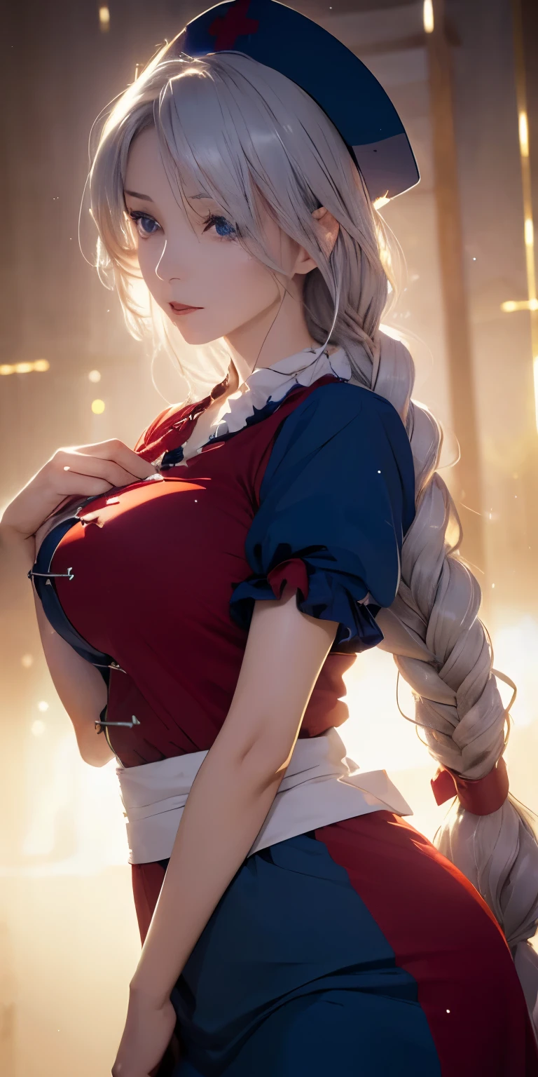 (masterpiece, best quality:1.3), Yagokoro Eirin, Touhou Series, perfect face, expressive eyes, 1woman, looking at viewer, 38 years old, gorgeous body, big breast, beautiful, anime, lora,1woman, white skin, silver hair, braid hair, nurse cap, red and blue clothes, (cinematic lighting, realistic, dream-like, enchanting atmosphere:1.5),