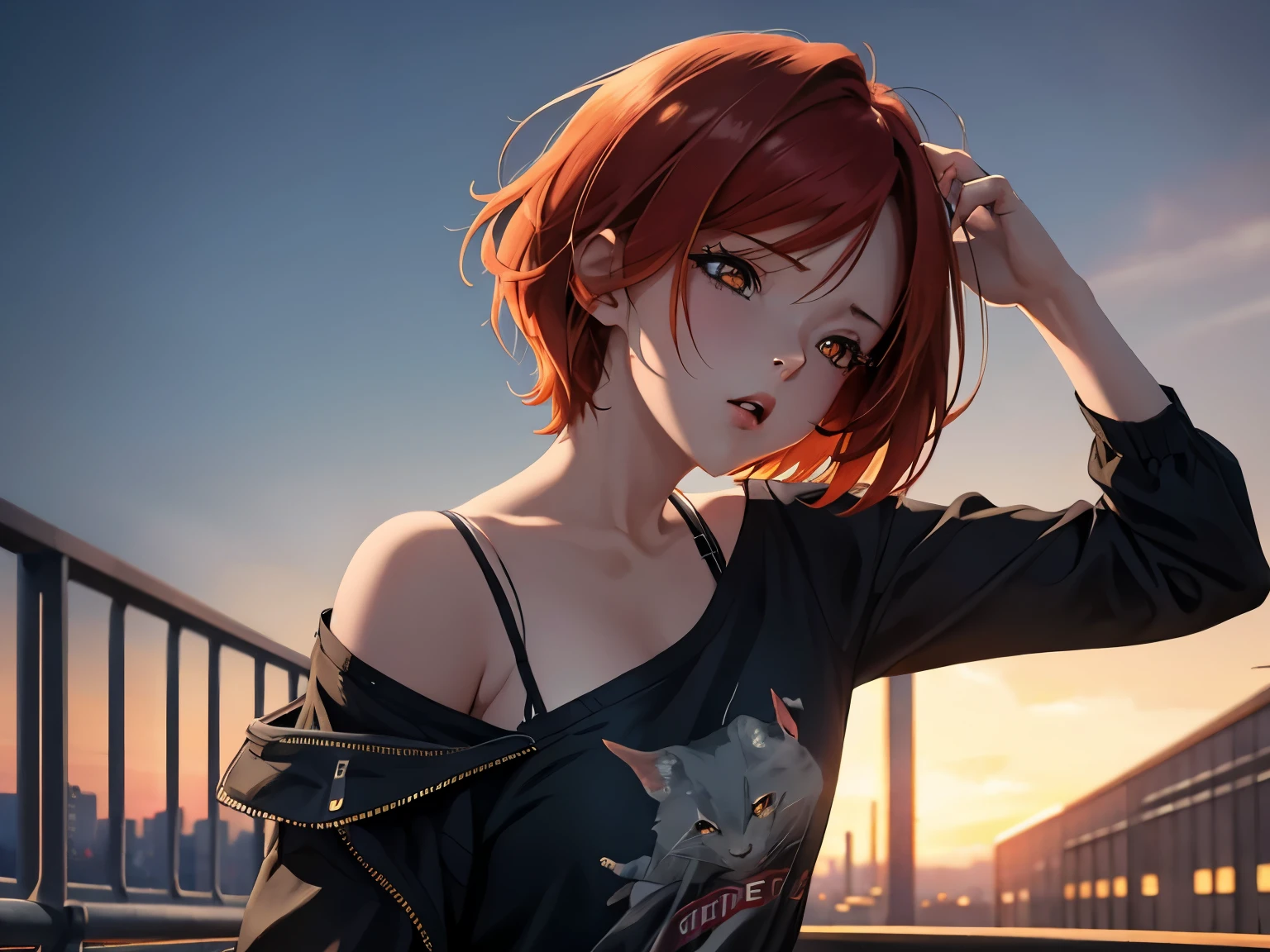 Digital Anime Art, better image quality，highest resolution，8K，(Photo)， (1 girl) redhead with short hair, sleepy girl, golden eyes, Rebel, rat, yawns, An eye rich in detail，modern clothes, movie poses simple background，Movie Lights，ray tracing