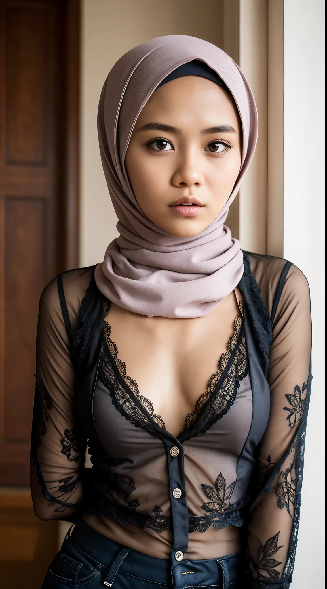 A close up of a woman wearing a hijab and a sheer top - SeaArt AI