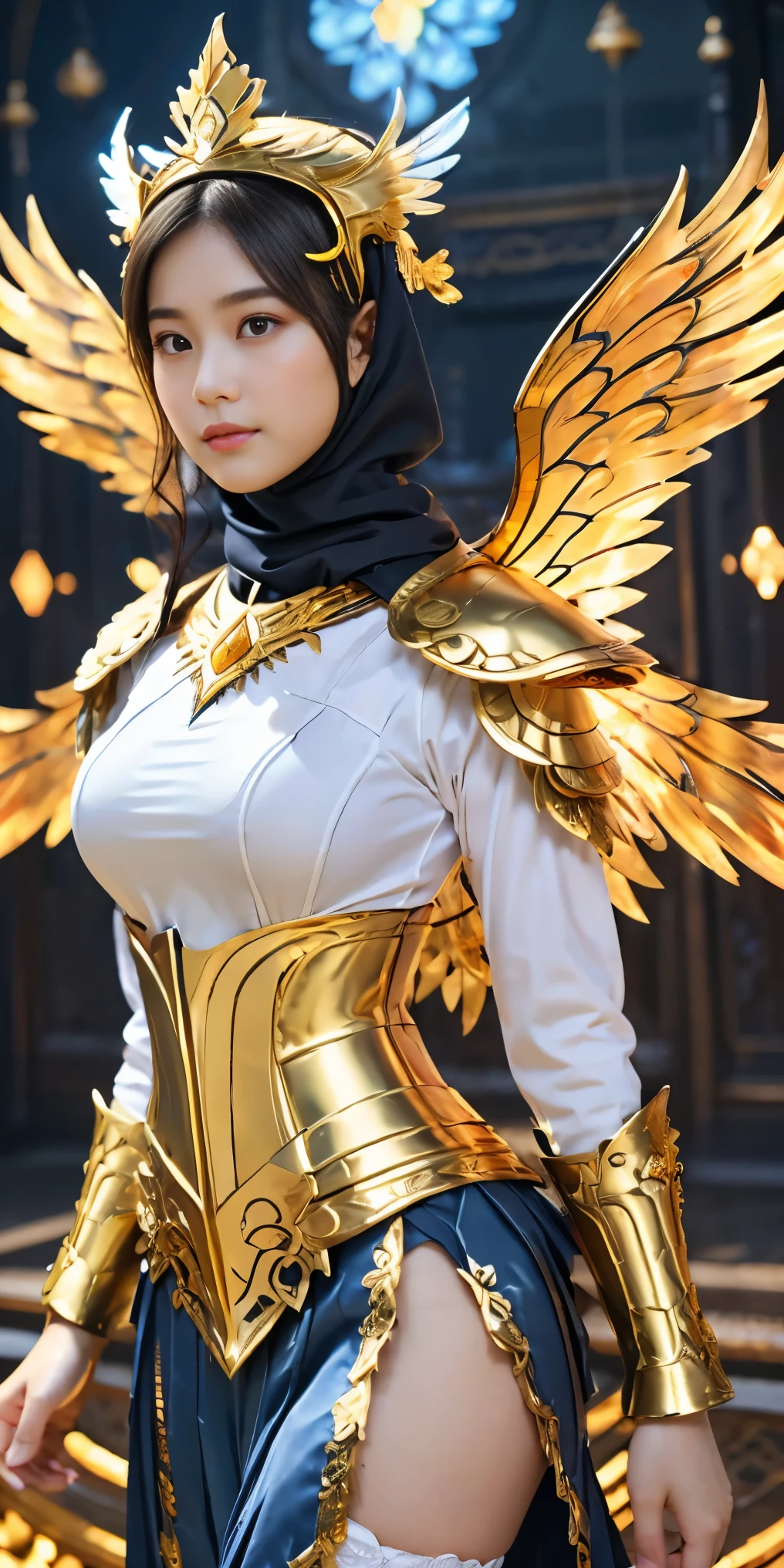 Female, 20 years old, short black wavy hair、bangss、Puffy nipple、(White Turtleneck Knit), (( long sleeve underwear)), (Gold long skirt), long White stocking, cute face,Japanese cute teen girls long dress in white and gold with wings and a sword, (wearing hijab:1.2),((covered underwear)), (full iron golden armor:1.2), ((take Sword)), (wearing gold wing crown), ((gemstone:1.2), ((Wing-shaped gold ornament on the head)), ornate cosplay, as a mystical valkyrie, the sailor galaxia, beautiful, white and gold priestess robes, anime cosplay, glamourous cosplay, with fiery golden wings, cosplay, professional cosplay, goddess of light, facing forward body angel, cosplayer, perfect makeup, perfect face, beautiful face, beautiful body, closed chest, big breasts, closed legs, ((luxurious mosque background)), (flying body:1.0), (jewels:1.2), (Emitting light), (flying flowers:1.0), above clear water,  of heaven, smog, sunny weather