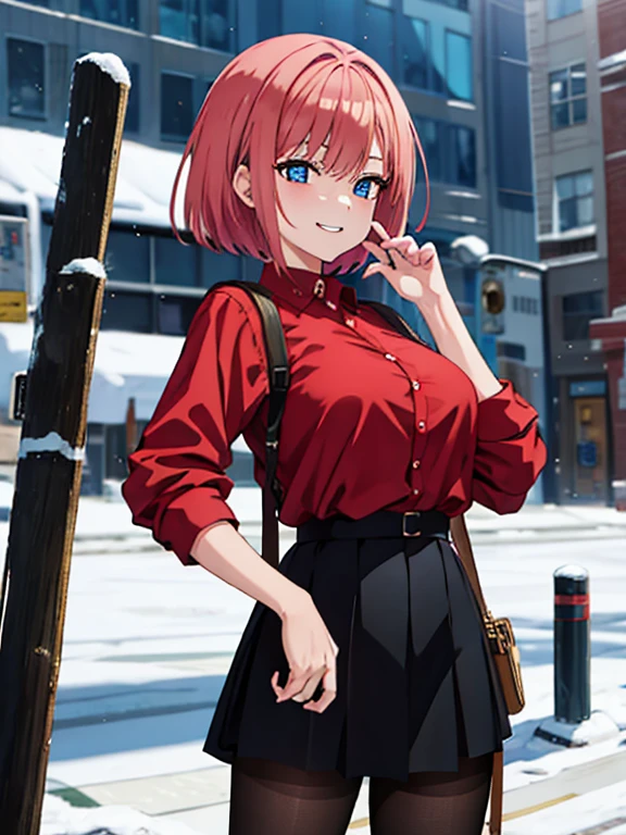 masterpiece, best quality, highres, 1girl, short red hair, black jacket, pink shirt, the background it's a city with snow,, black pantyhose, looking at viewer, smile, makima\(chainsaw man\), small breast, perfect eyes, perfect hands