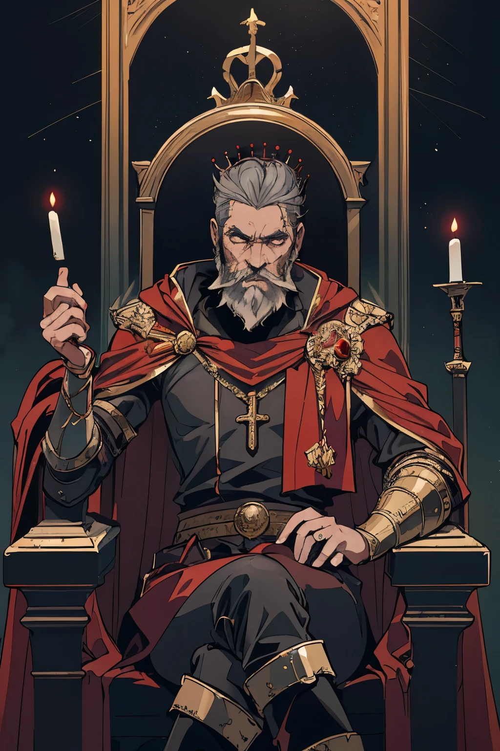 masterpiece:1.2, best quality, ultra detailed, male_focused, serious, dead king lies on throne, crown in hand, gothic, mystic, king in red cape, beard, gray hair 