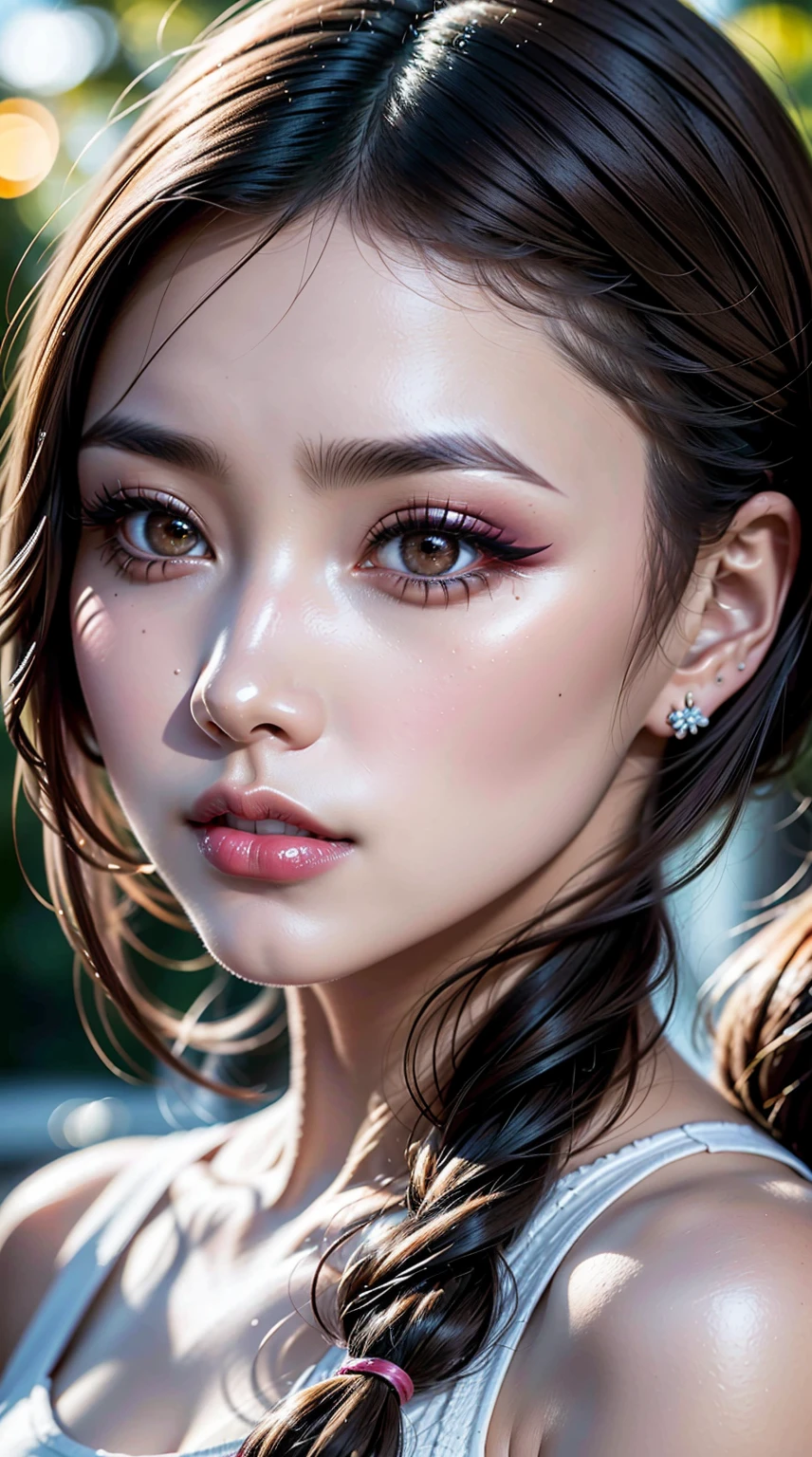 Divide Ratio : 1,1,1 Base Ratio : (a girl in a garden:1.2),(details of a very beautiful face)(best quality:1.4)16k resolution,(photo realistic:1.45), (realistic:1.45), 16k, HDR, (vivid colors), beautiful detailed lips, (red_lipstick:1.2), BREAK (Black hair twintail:1.2), sharp focus, physically-based rendering flowers in the background:1.2 soft sunlight, BREAK beautiful detailed eyes ((brown_eyes:1.2)) close up of a woman's eye with a digital rendering, BREAK (long blue_eyelashes:1.1), BREAK (pink_makeup:1.2), BREAK (white tanktop:1.3), 