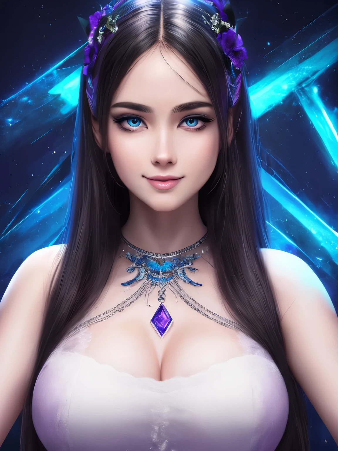 Portrait, beautiful woman with black hair and a silky purple dress, hourglass figure, symmetrical figure, highly detailed face, beautiful face, calming blue eyes, lush purple lips, smiling, alluring, stunning digital illustration, cosmic fantasy background, beautiful digital artwork, magenta lighting, glossy digital painting, gorgeous digital art, 4k detailed digital art, beautiful digital illustration, 4k highly detailed digital art, beautiful digital art, realistic digital art 4k, realistic digital art 4k, airbrush digital art