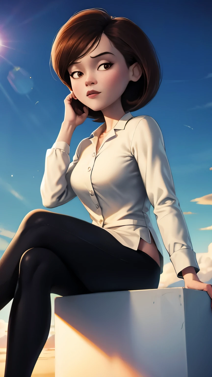 artwork, best quality, outdoors, lens flare, depth of field, 1 girl, alone, looking at viewer, breasts, helenparr, red long sleeve blouse, black pants, sitting, roof, night sky