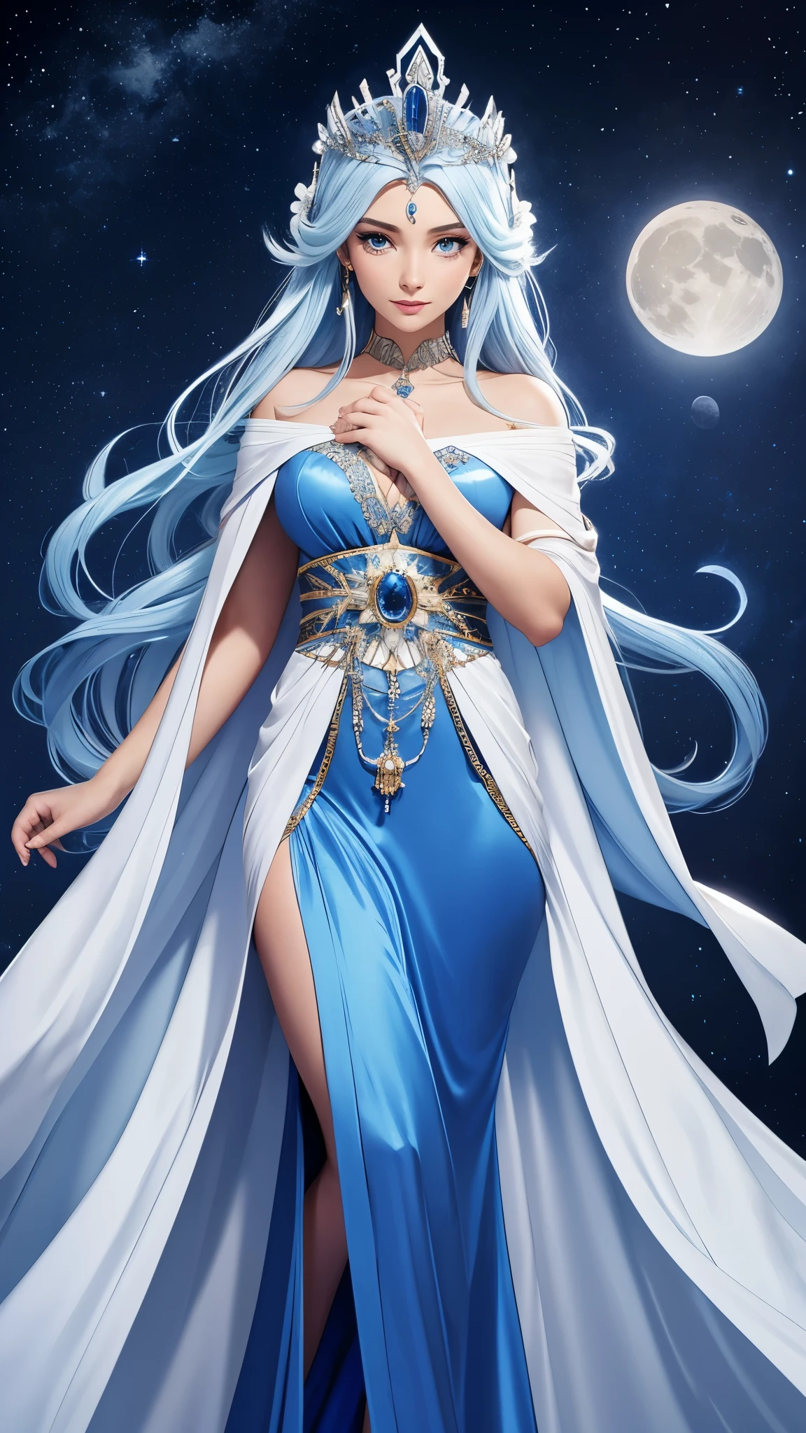 Menschengestalt, goddess, umgeben von Mondschein Aura, light blue thin silk cloak on which the moon and stars can be seen, blue flowing robe with white stripe on the chest, Sapphire blue tiara with pointed spikes and white jewels, Light skin with a few stars and moons depicted on the body, sehr hell blaue Haare, blaue augen