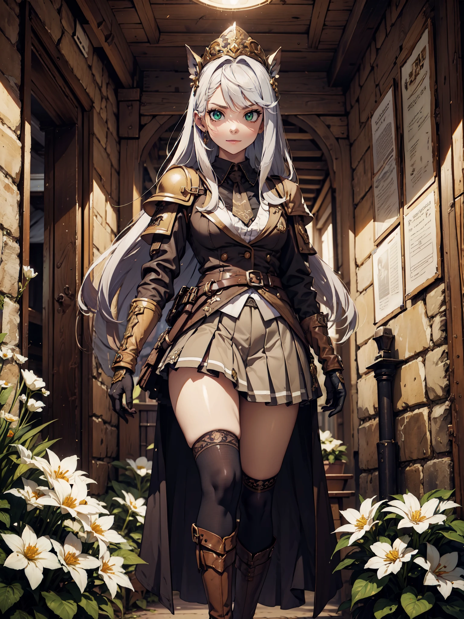 Ultra High Definition, Ultra High Quality, Hyper Definition, Hyper Quality, Hyper Detailed, Extremely Detailed, Perfectly Detailed, 8k, 1 Anime Female,  Long Silver Hair, Women's Vest, ((Luxury School Pleated Skirt)), Brown Boots On Heels, Tights, Gloves, Solid Green Eyes, Cheerful Expression, White Flower Barrette, Dressed in  , Forest Panoramic Background