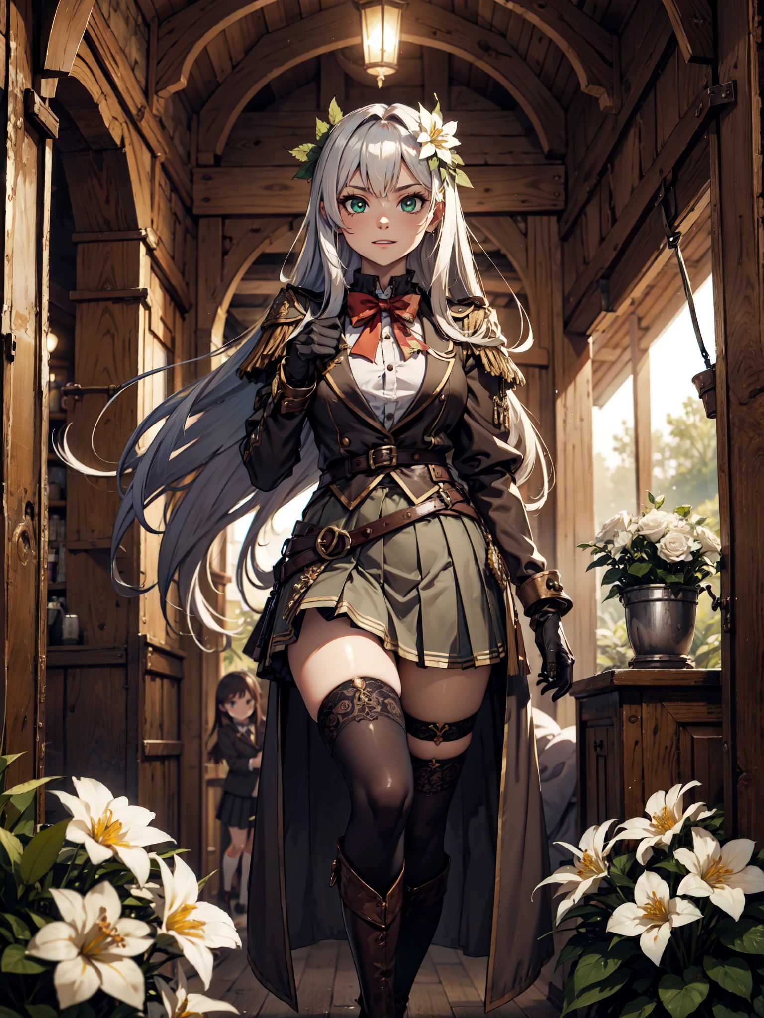 Ultra High Definition, Ultra High Quality, Hyper Definition, Hyper Quality, Hyper Detailed, Extremely Detailed, Perfectly Detailed, 8k, 1 Anime Female,  Long Silver Hair, Women's Vest, ((Luxury School Pleated Skirt)), Brown Boots On Heels, Tights, Gloves, Solid Green Eyes, Cheerful Expression, White Flower Barrette, Dressed in  , Forest Panoramic Background