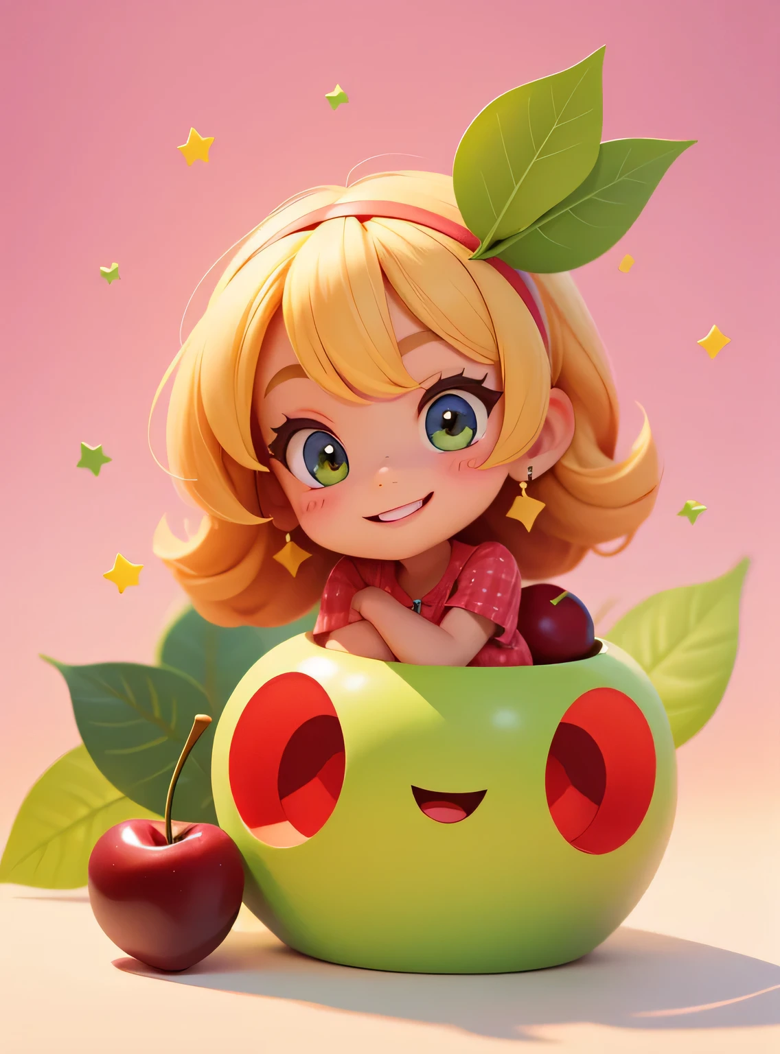 A smiling cherry with cute leaves and a friendly expression sticker :: Fruity and kind :: Red and green colors with cute expressions :: Adesivo 2D