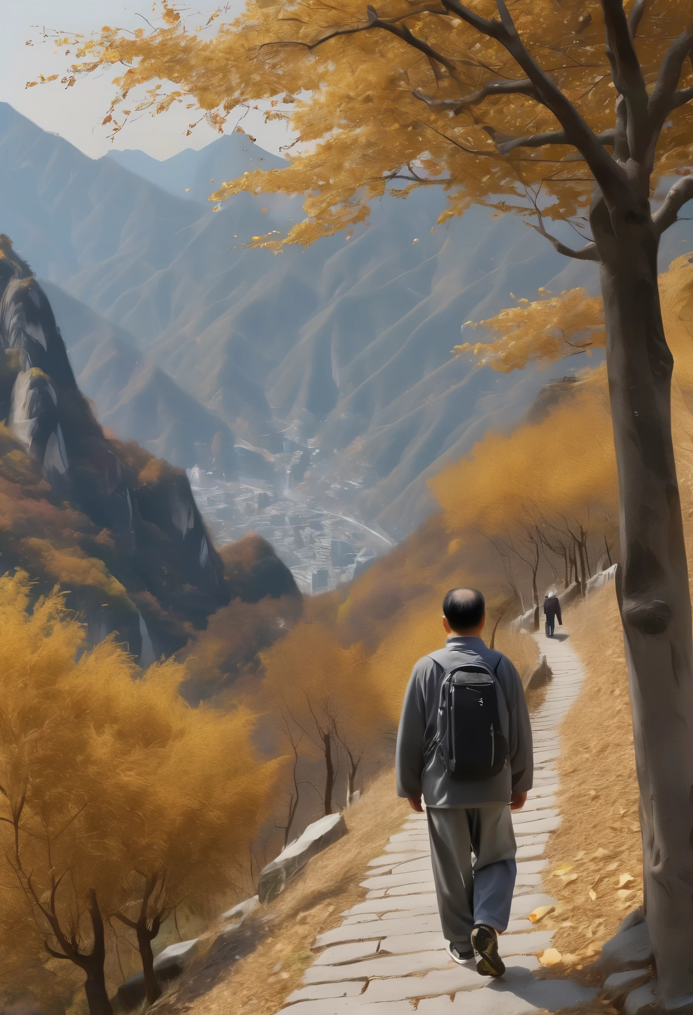 golden autumn，A 45-year-old middle-aged Chinese man，Great figure，Walk firmly on the mountain path，In the distance are high mountain peaks，Wearing gray sportswear，On both sides of the road are golden apple trees，Pretty ripe apples，hentail realism，k hd，high qulity，Sony SLR，Faraway view