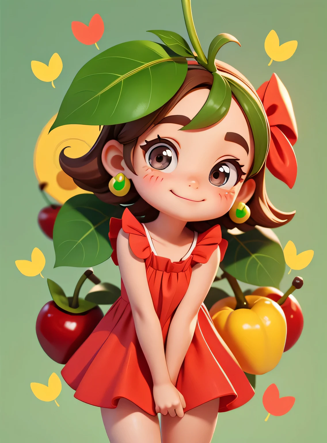 Una pequeña cereza sonriente con lindas hojas y una pegatina con una expresión amigable. :: Afrutado y amable :: Colores rojo y verde con lindas expresiones :: pegatina 2D