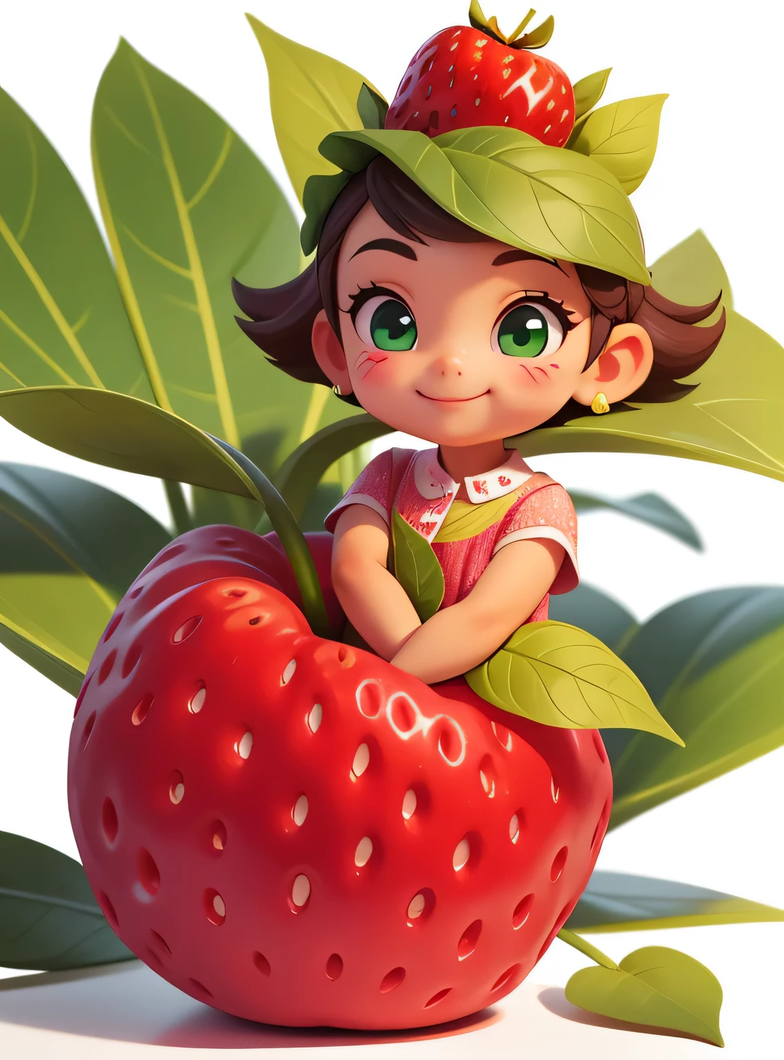 A small smiling strawberry with cute leaves and a friendly expression sticker :: Fruity and kind :: Red and green colors with cute expressions :: Adesivo 2D