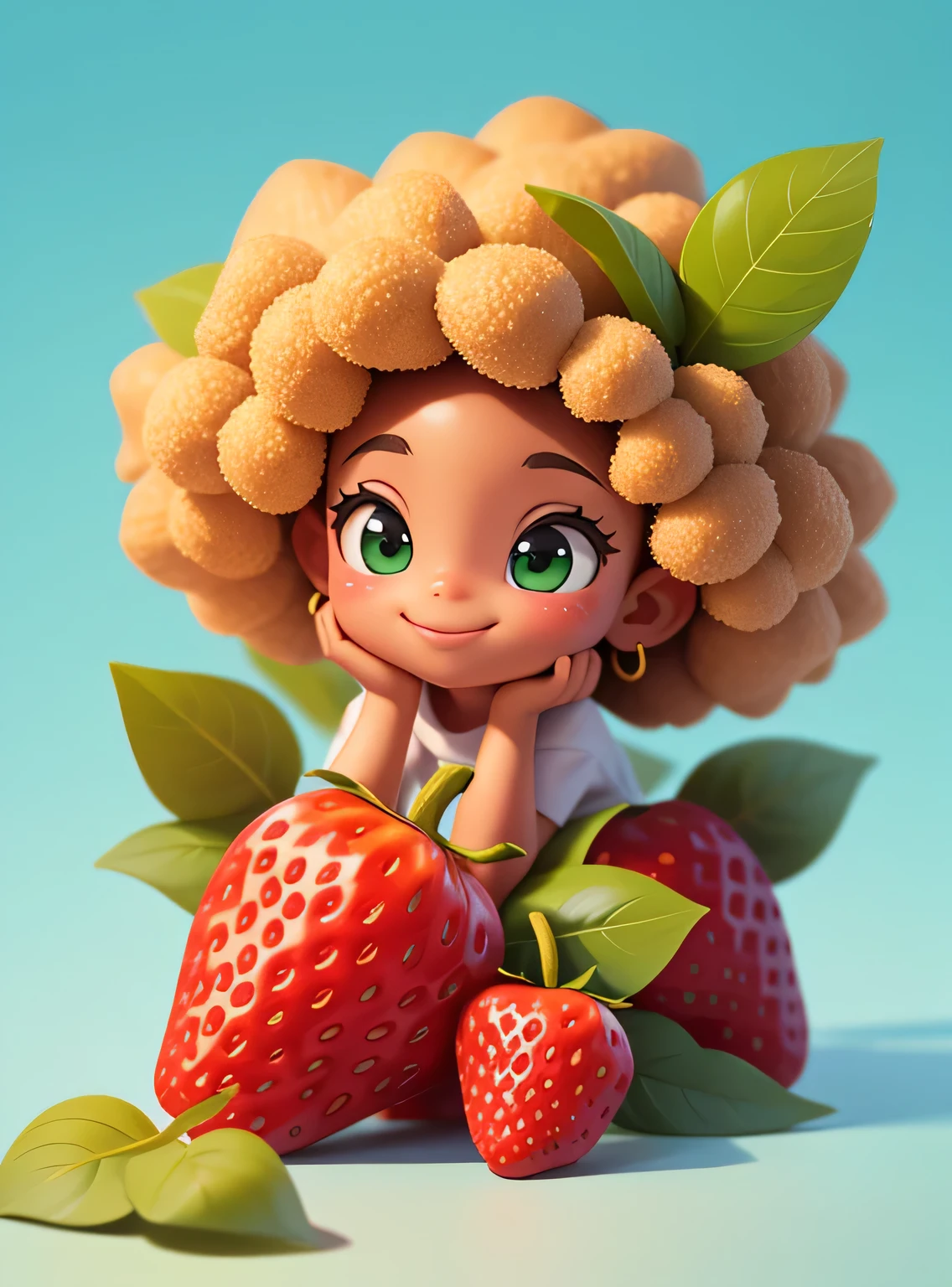 A small smiling afro strawberry with cute leaves and a friendly expression sticker :: Fruity and kind :: Red and green colors with cute expressions :: Adesivo 2D