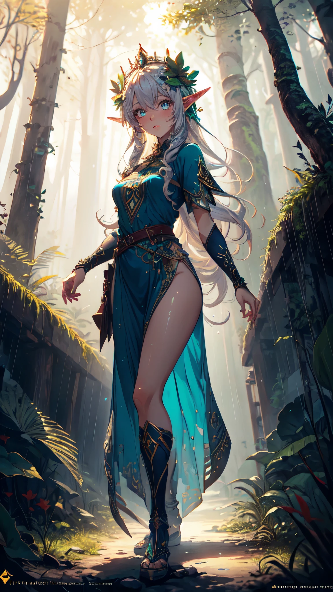 une femme, Visage détaillé, yeux détaillés, mains détaillées, couleur néon, with long hair and a blue dress standing in a forêt, germe d&#39;art extrêmement détaillé, fanart meilleure station d&#39;art, art animé numérique détaillé, Art détaillé 8k de haute qualité, Oeuvre fantastique d&#39;anime, epic style artistique fantastique, style artistique fantastique, art d&#39;anime numérique avancé, une reine elfe, rossdessine sakimimichan, Tendances sur ArtStation pixiv, arrière-plan, (Réaliste:1.5) EdobConte De FéePaysage, flux, champignon, feuille, Île flottante, pluie, rayon de soleil, oiseau, forêt, lampadaire, bâtiment,tout le corps