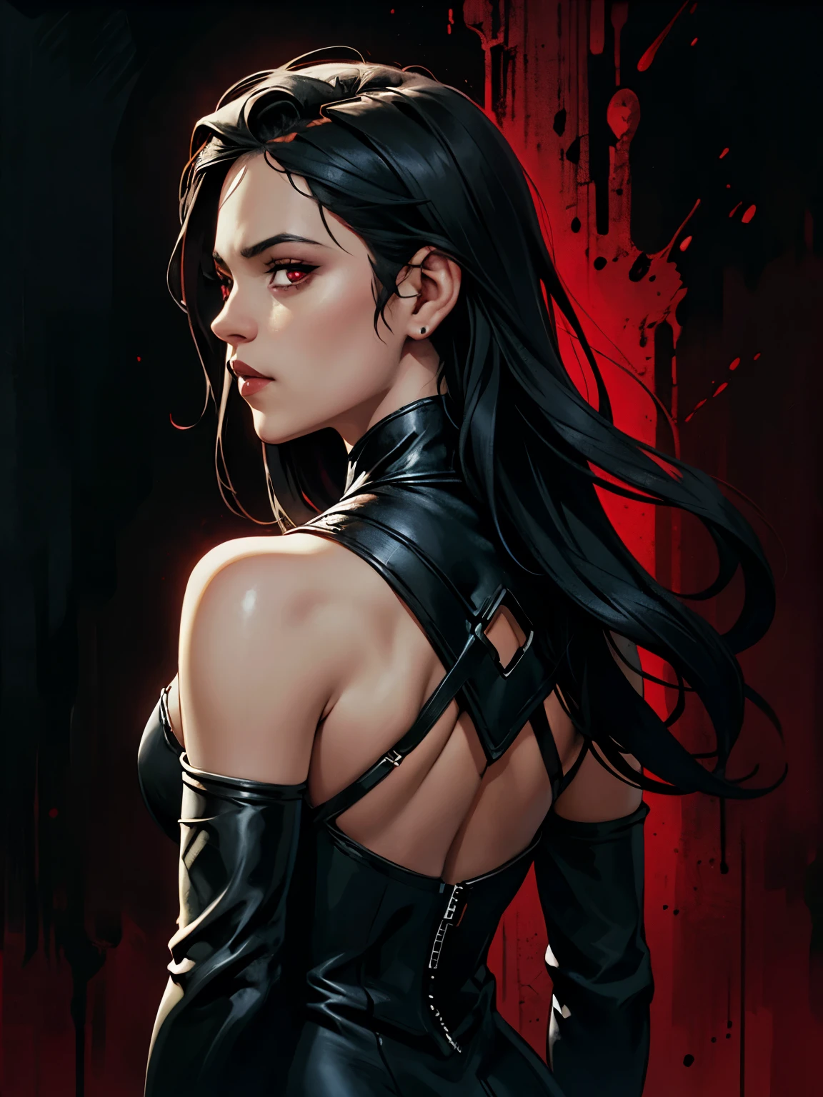 masterpiece, best quality, high resolution, draw, comic, hyper realism, jortega, alone, long hair, black hair, (red eyes), vampire, fangs, slim and athletic body, small breasts, ((wearing beautiful black dress)), very soft light, black night, concept art, horror, dark, very dark, art by Yoji Shinkawa, ink and watercolor, ((red and black background with blood)) view from back
