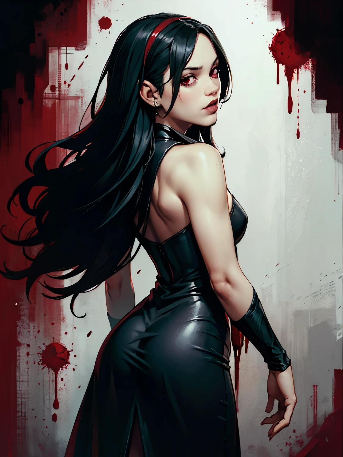 masterpiece, best quality, high resolution, draw, comic, hyper realism, jortega, alone, long hair, black hair, (red eyes), vampire, fangs, slim and athletic body, small breasts, ((wearing beautiful black dress)), very soft light, black night, concept art, horror, dark, very dark, art by Yoji Shinkawa, ink and watercolor, ((red and black background with blood)) view from back