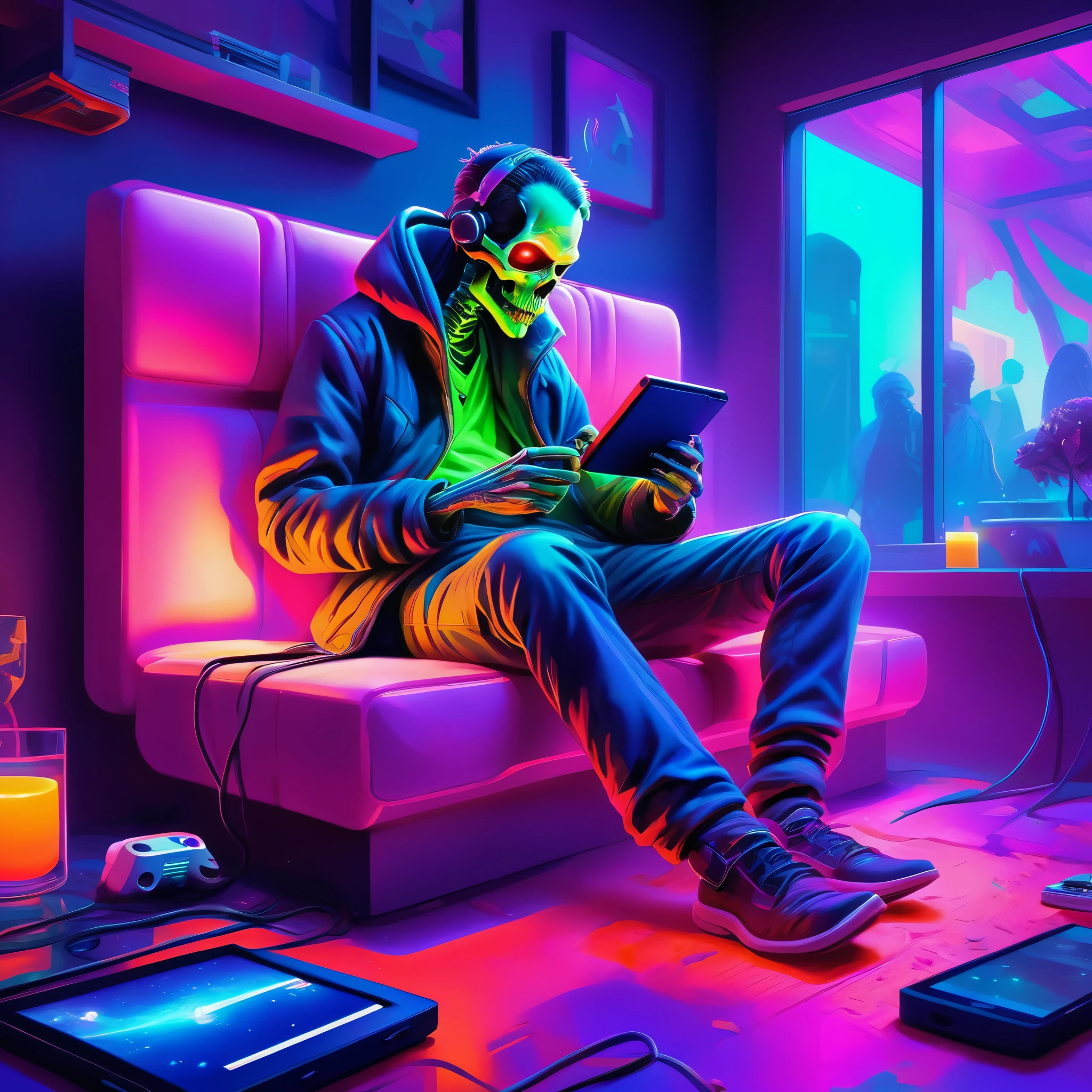 "Adéntrate en un reino futurista con esta ilustración muy detallada de un hombre no-muerto relajándose y jugando con su 3ds.. Los vibrantes colores neón y la perspectiva ampliada añaden un toque dinámico., mientras que el efecto difuminado crea una atmósfera de ensueño. Perfecto para quienes aman una combinación de fantasía y tecnología.."