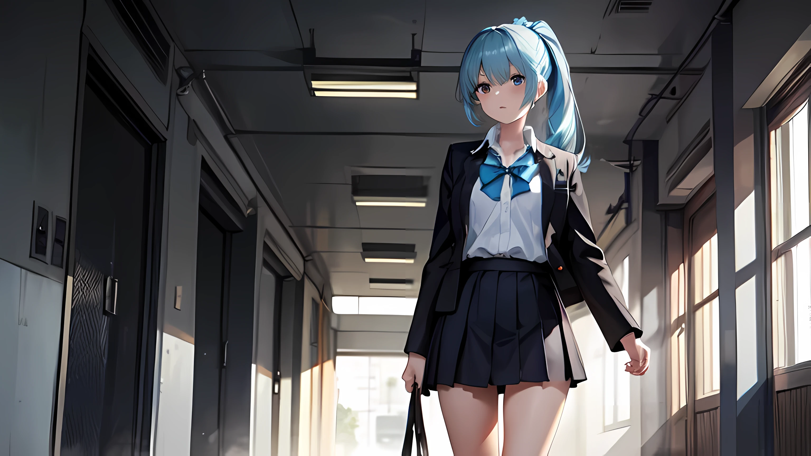 Photo, Light blue-haired girl stands in front of the camera, standing straight, Ponytail, Perfect body, school uniform, Black short skirt, white short shirt, Black jacket, 8K, Best quality, One girl, 20 year old student, Blue eyes, in the school hallway, Uncircumcised, no bags, On distance, empty hands